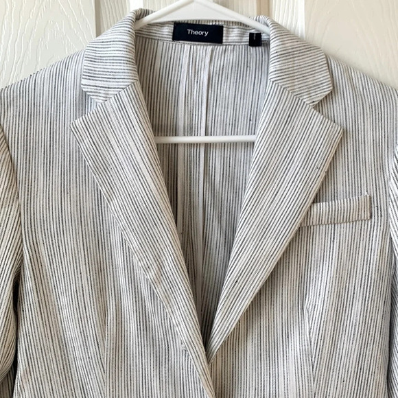 Theory Double Breasted Linworth Ikat Tierra Linen Blazer Coat Beige Gray Size 2 - Picture 2 of 9